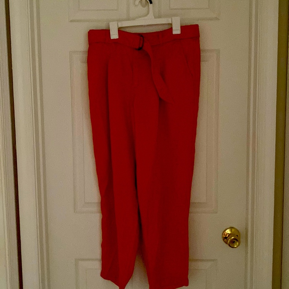 Loft Ann Taylor pull on pants with belt. Fun orange color- comfy and trendy
